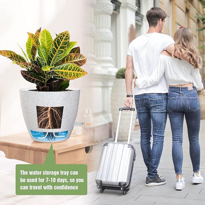 Large Self Watering Pots, 12/10/9 Plastic Planters with High Drainage Holes and Deep Reservoir for Indoor Outdoor Garden Plants and Flowers, White Speckles