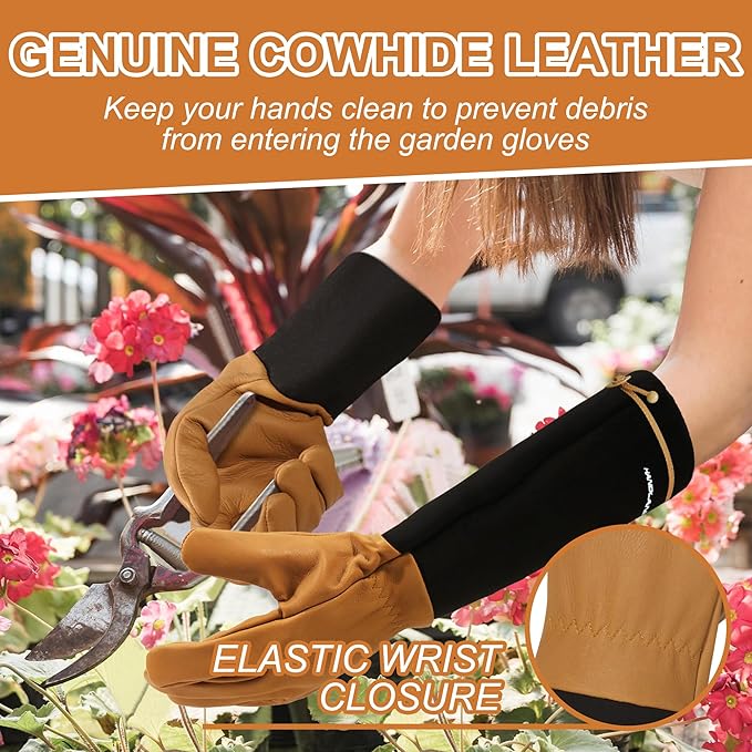 HLDD HANDLANDY Long Gardening Gloves, Leather Thorn Proof Rose Pruning Glove for Men & Women, Great Gift for Gardener