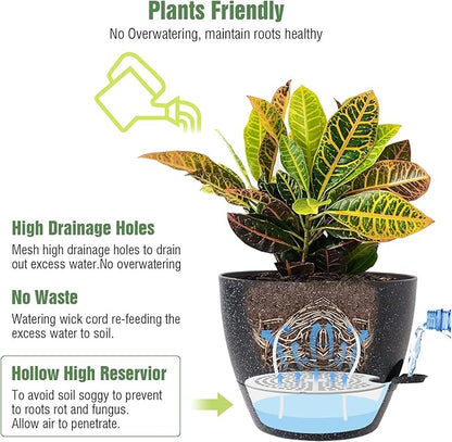 10/9/8 inch Self Watering Pots, Set of 3 Plastic Planters with Mesh Drainage Holes and Deep Reservoir for Indoor Outdoor Garden Plants and Flowers, Black Speckles