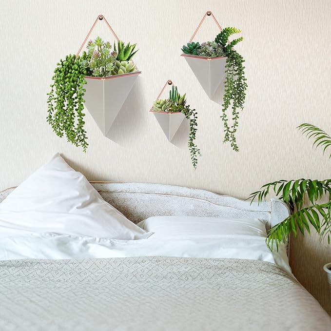Rtteri 15 Pcs Hanging Wall Planter with Artificial Succulents Plants Indoor Decor, Faux Wall Planter with Geometric Vase Pot (8.2/5.9/4 Inch Size) Art for Home Bedroom Room