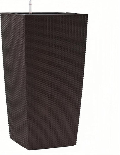 30in Tall Planter, Self Watering Pots for Indoor/Outdoor Plants with Drain Holes, Water Level Monitor, Inner Bucket for Front Porch Patio, Brown Large(1 Set)