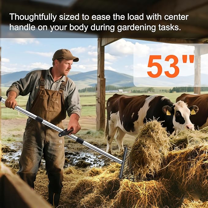 Pitch Forks for Garden with 18 Tines, 53" Non-Slip Adjustable Steel Handle, Durable Broadfork for Turning Mulch and Hay, Gardening Pitchfork with Universal Extension Handle Attachment For Licorice