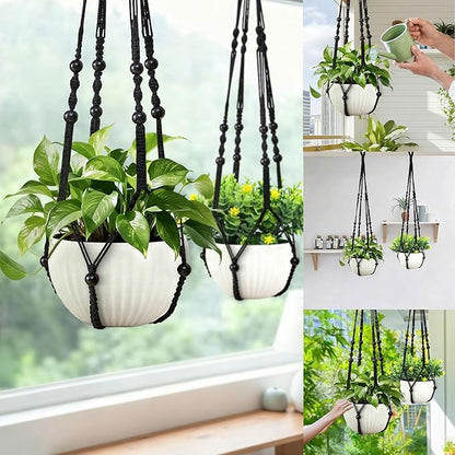 35 Inch Macrame Plant Hanger, Hanging Planter Basket with Wood Beads, Decorative Flower Pot Holder for Indoor Outdoor Boho Home Decor, Set of 2 (Black)