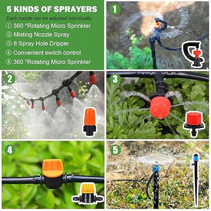 Drip Irrigation System Kit for Garden: 299CPS Automatic Drip Irrigation Kits Greenhouse Plant Watering System with 5 Kinds of Sprayers,1/4 inch 1/2 inch Irrigation Tubing Hose for Raised Bed