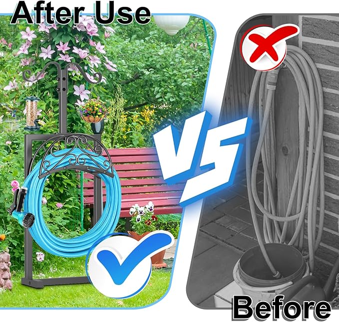 Garden Hose Holder Hanger Freestanding, Upgraded 4 Spikes Heavy Duty Storage Reel Stand with Shepherds Hooks, Holds 150ft Hose for Outside Garden Yard Lawn vegetable patch