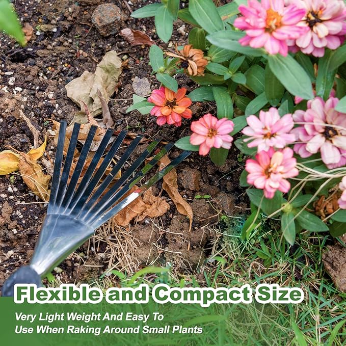 Haliaeetus Garden Hand Rake, 14.6'' Small Rake for Tight Areas, 9 Tines Stainless Steel with Ergonomic Wood Handle for Clearing Leaves and Loose Debris