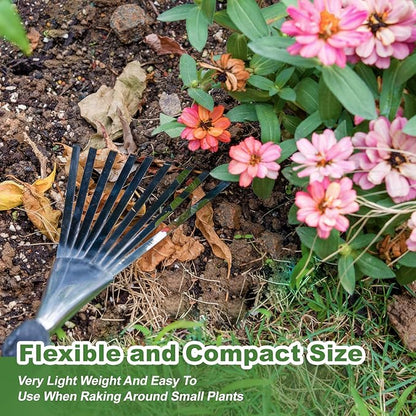 Haliaeetus Garden Hand Rake, 14.6'' Small Rake for Tight Areas, 9 Tines Stainless Steel with Ergonomic Wood Handle for Clearing Leaves and Loose Debris