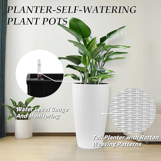 22" Tall Planter Set of 2, Large Self Watering Pots for Indoor/Outdoor Plants with Drain Holes, Water Level Monitor, Inner Bucket for Front Porch Patio, White Rattan Conical