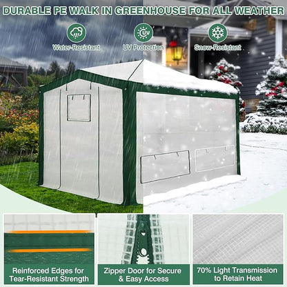 EAGLE PEAK 12x8 Portable Walk in Greenhouse with Polyester Reinforced Corners, Instant Pop up Indoor Outdoor Gardening Green House, Roll Up Zipper Doors Mesh Windows & Winter Support Pole, Green/White