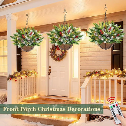 20 Inch Artificial Christmas Hanging Basket with 30LED Changing Warm White&Multicolored Timer 8 Modes Remote Control Norfolk Pine Snowy Tips Hanging Christmas Decorations for Porch Front Door Home