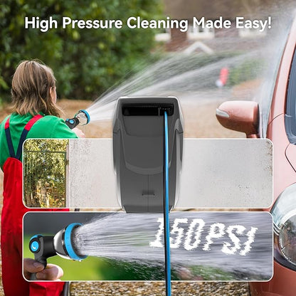 Retractable Garden Hose Reel 65 ft x 1/2 in, Heavy Duty Hose Reel Wall Mount with Any Length Lock, Slow Return System, 180° Swivel Bracket, 10-Pattern Garden Hose Nozzle, Dark Grey