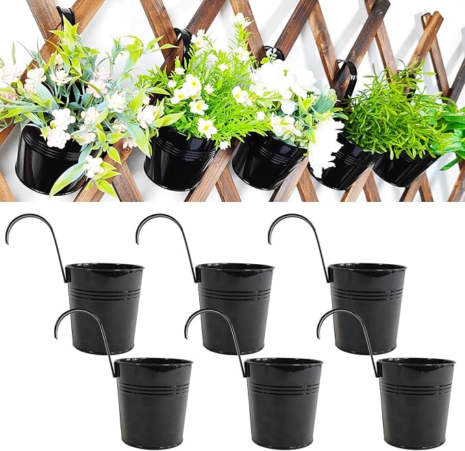 6 Pcs Black Railing Planter, 6 Inch Metal Hanging Planters for Outside Balcony Rails Fence with Detachable Hooks, Flower Pots Outside for Garden Patio (Black, Pack of 6)