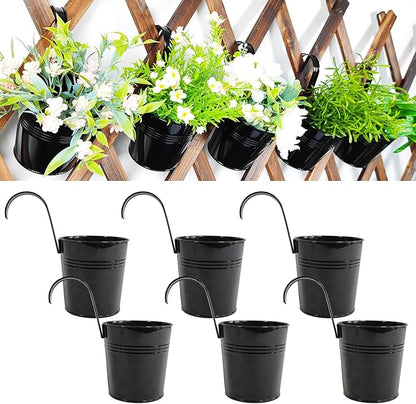 6 Pcs Black Railing Planter, 6 Inch Metal Hanging Planters for Outside Balcony Rails Fence with Detachable Hooks, Flower Pots Outside for Garden Patio (Black, Pack of 6)