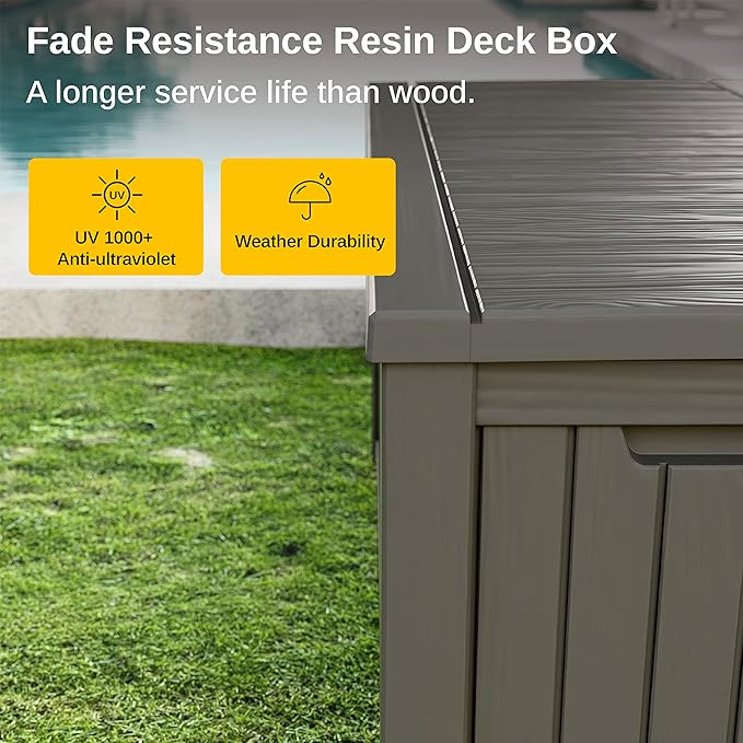 EAST OAK Outdoor Storage Box, 180 Gallon Deck Box, Large Resin Storage Bin for Patio Cushions & Gardening Tools, Lockable, Waterproof, UV Resistant, Grey