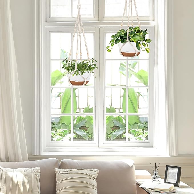 Mkono Hanging Planters for Indoor Plants, 2 Pack 10 Inch Self Watering Pots with Macrame Plant Hangers 2 Kinds Hanging Basket for Outdoor Garden Home Ceiling Window Decor
