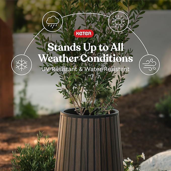 Keter Signature Conic 28.5 Inch Tall Round Large Wood Look Planter for Indoor or Outdoor Flower Pot Ideal for Patio Deck and Front Porch Decor, Rosewood