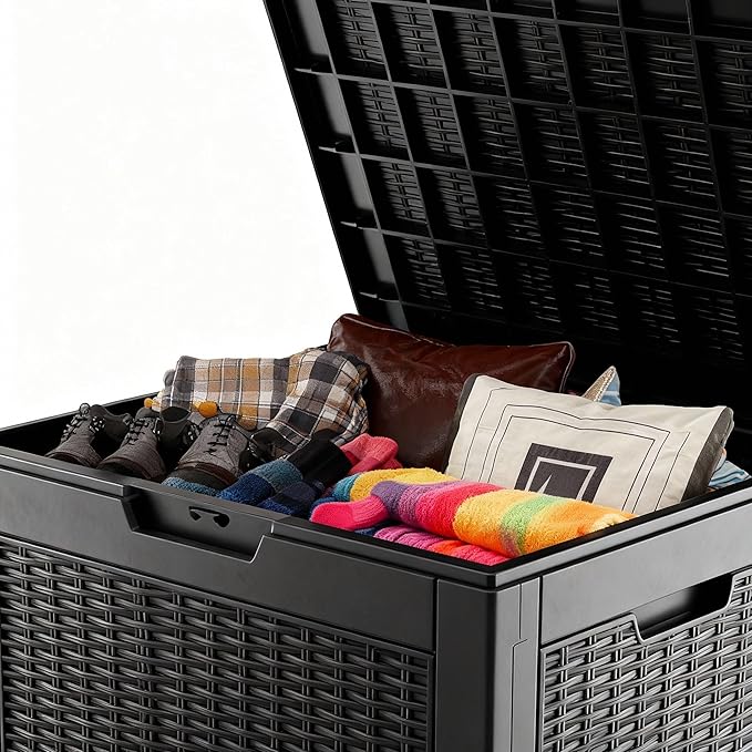 Storage Chest, 30 Gallon Deck Box for Garage Organization, Indoor Home Storage & Holiday Decor, Lockable Waterproof Resin Box for Patio Cushions, Garden Tools