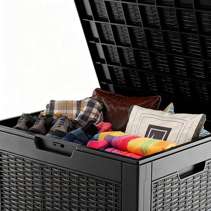 Storage Chest, 30 Gallon Deck Box for Garage Organization, Indoor Home Storage & Holiday Decor, Lockable Waterproof Resin Box for Patio Cushions, Garden Tools