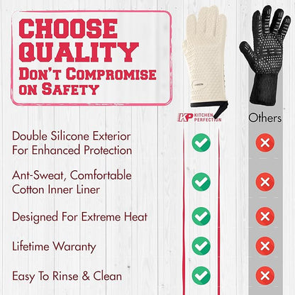 KITCHEN PERFECTION XL Silicone Smoker Oven Gloves for Women -Extreme Heat Resistant BBQ Gloves -Handle Hot Food Right on Your Grill Fryer&Pit|Waterproof Grilling Cooking Mitts|Superior Set+3 Bonuses