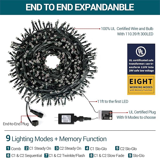 Christmas String Lights End-to-End Plug 8 Modes 108FT 300 LED IP55 Outdoor Waterproof UL Certificated Indoor Fairy Lights Garden Wedding Christma Trees Parties Decoration