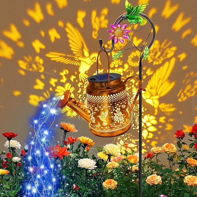 Solar Lights Outdoor Garden Decor, Hummingbird Hanging Watering Can Landscape Lights Waterproof Outside Decorations for Yard Front Porch Patio Backyard, Gardening Gift for Mom Grandma Women Birthday