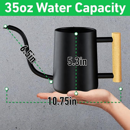 35 Ounce Metal Small Indoor Watering Can with Long Spout & Real Wood Handle for House Plants, Succulents, Cacti & Seedlings - Black Long Spout Watering Can Indoor Plants - Gentle Flow & No Spills