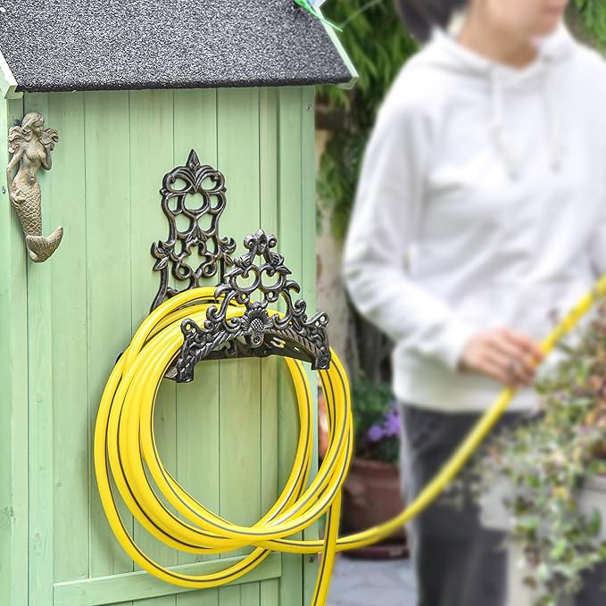 Sungmor Heavy Duty Cast Iron Garden Hose Holder - Wall Mounted Water Hose Hanger - Antique Emblem Decorative Hose Reel - Water Hose Rack Butler Storage - Two Installation Methods Wall Decor Holder