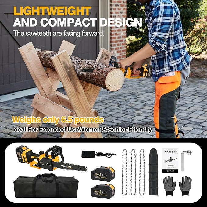 12" Electric Chainsaw Cordless, 20V Battery Powered Cordless Chain Saw, Chainsaw with 2 x 4.0Ah Lithium ion Battery and Charger for Wood Cutting, Tree Trimming and Branch Pruning
