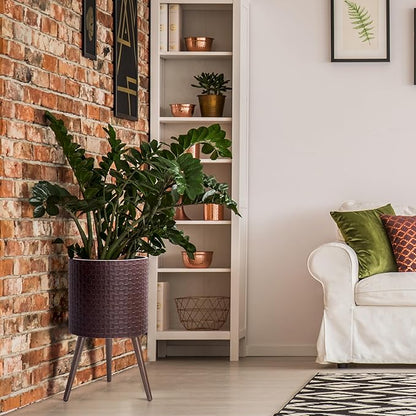 D'vine Dev 14 Inch Modern Geometric Tile Patterned Sleek Planter Pot with Stand, Indoor Outdoor Decorative Plant Holder, Espresso, 88-Z-D-6