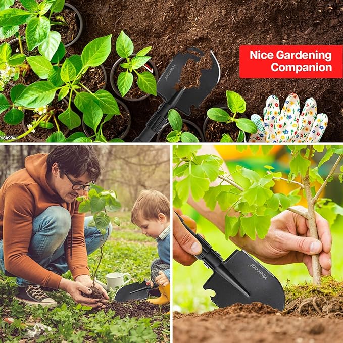 Folding Survival Shovel Multi-Tool, Heavy-Duty Military Entrenching Tool with Pickaxe, Collapsible Spade for Disaster Recovery, Car Emergency, Metal Detecting, Camping, Digging, and Gardening