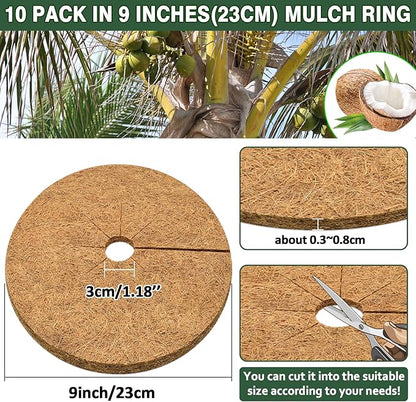 ZeeDix 10 Pack Coconut Fiber Mulch Ring, 9 Inch Coco Coir Tree Ring Mulch Mat, 100% Natural Tree Protector Mat Plant Cover Ring Coconut Coir Discs Tree Mats Mulch Rings for Indoor Outdoor Trees Plants