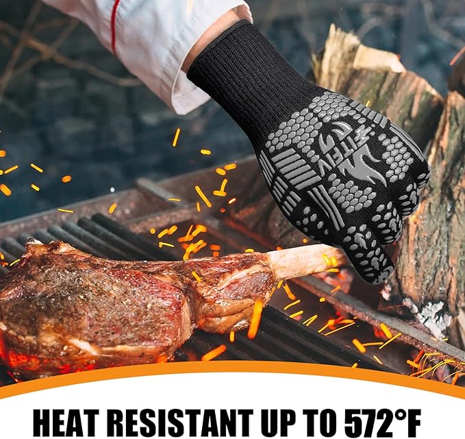 BBQ Gloves, Oven Gloves, Extreme Heat Resistant Barbecue Gloves, Silicone Non-Slip Oven Mitts, Kitchen Gloves for Cooking, Grilling, and Baking (Gray)