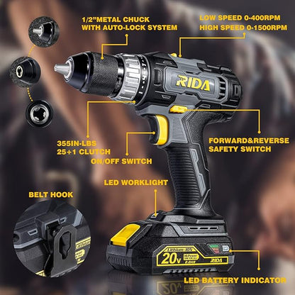 RIDA Cordless Drill Power Drill Cordless 20V 1/2'' Keyless Metal Chuck 355 In-lb(40N.m) Torque with 2.0AH Li-ion Battery & Fast Charger, Variable Speed, 25+1 Position and 22pcs Bits