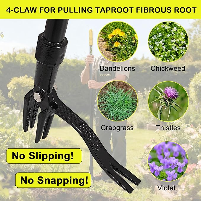 55-Inch Stand Up Weed Puller Tool, 4-Claw Steel Head Design, Long Handle for Dandelions and Crabgrass