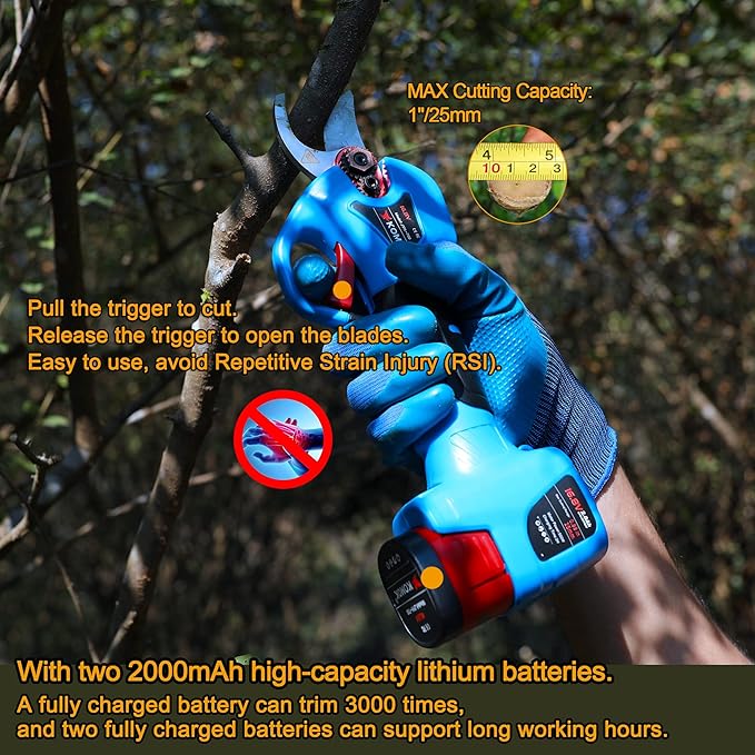 KOMOK Electric pruning shears, Professional Cordless Power Branch Cutter Fruit Tree Pruner, 2PCS 2Ah Battery Operated Pruning Shears, MAX 1" Cutting Capacity 6-7 working hours