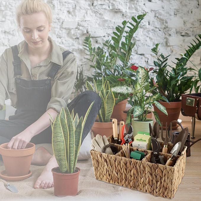 Garden Tools Woven Basket,Garden Tool Organizer with Handle,Wicker Storage Basket with 4 Compartments,Pruning Shears,Gloves,Shovel,Gardening Gifts for Women Men,14" L X 8" W X 5.5" H