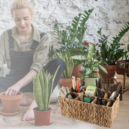 Garden Tools Woven Basket,Garden Tool Organizer with Handle,Wicker Storage Basket with 4 Compartments,Pruning Shears,Gloves,Shovel,Gardening Gifts for Women Men,14" L X 8" W X 5.5" H