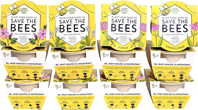 BUZZY Seeds Save The Bees Grow Kit, 12 Biodegradable Mini Flower Pots with Wildflower Seed Packets, Indoor Outdoor Planting Starter Set, DIY Gardening Gift, Sustainable Party Favors Adults