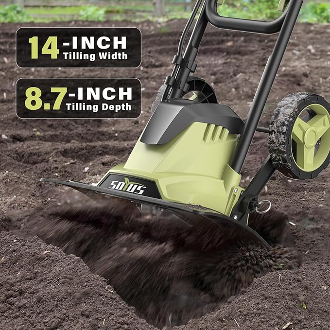 SOYUS 14 Inch Electric Tiller Cultivator 12 Amp Corded Tiller for Gardening, Garden Tiller with Folding Handle, 4 Steel Tines Wheeled Rototiller for Lawn Yard Soil Tilling