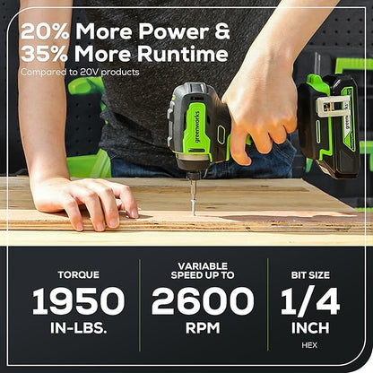 Greenworks 24V Brushless 1950 in./lbs Impact Driver, 1/4-inch Hex Variable Speed, Tool Only