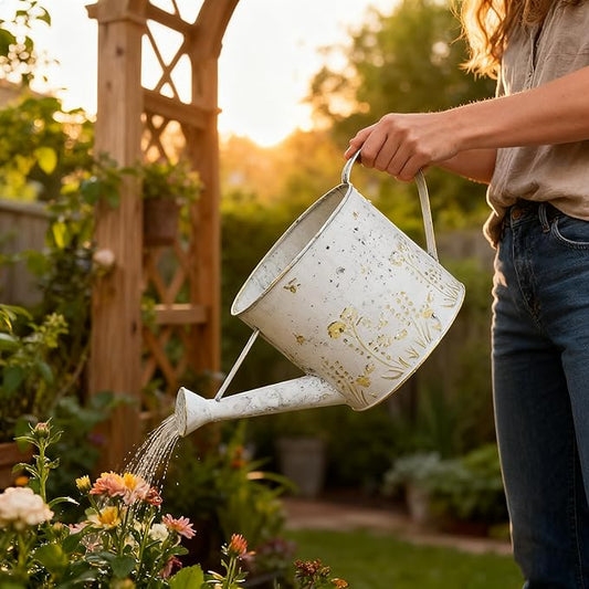Vintage Metal Watering Can Planter with Embossed Floral - Distressed White Decorative Watering Pot for Indoor/Outdoor Flowers, Succulents & Herbs, Rustic Home Decor Accent