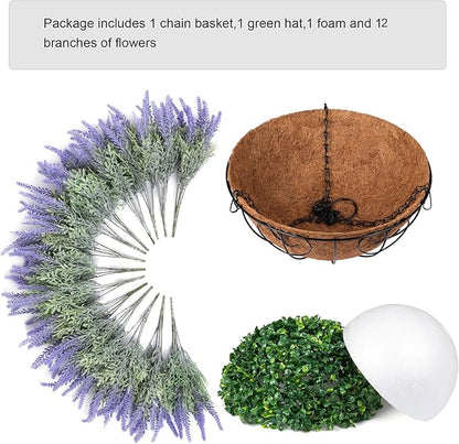 Ivydale Artificial Faux Outdoor Hanging Flowers Plants Basket for Porch Spring Decoration, 12 Bundlies Fake UV Resistant Lavender with Coconut Lining Baskets for Home Patio Balcony Yard
