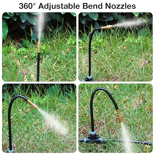 360° Adjustable Drip Irrigation Nozzles Suitable for 1/4 inch Pipes Only 6 Flexible Misting Copper Nozzles and 6 Three-Way Quick Connects