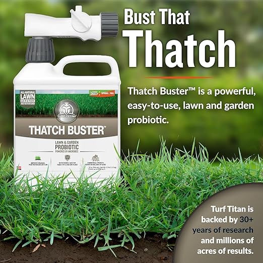 Turf Titan Thatch Buster Lawn Aerator & Grass Dethatcher (1 Gallon) – All-Natural Liquid Soil Loosener & Conditioner for Green Grass – Healthy Soil in 45 Days – Covers Up to 32,000 Sq Ft