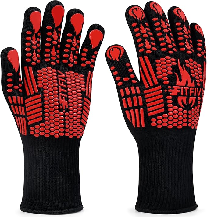 BBQ Gloves, Oven Gloves, Extreme Heat Resistant Barbecue Gloves, Silicone Non-Slip Oven Mitts, Kitchen for Cooking, Grilling, and Baking (Red)