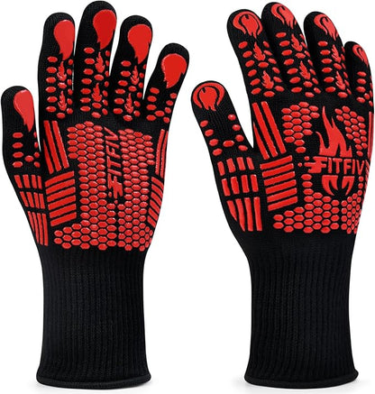 BBQ Gloves, Oven Gloves, Extreme Heat Resistant Barbecue Gloves, Silicone Non-Slip Oven Mitts, Kitchen for Cooking, Grilling, and Baking (Red)