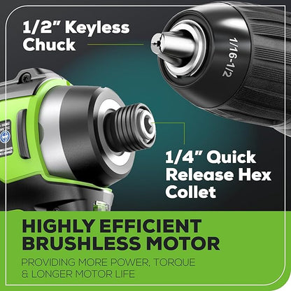 Greenworks 24V MAX Cordless Brushless Drill & Impact Driver Combo Kit, Electric Drill Set, High Torque, Lightweight, Professional Grade, Includes 2x 2.0Ah Batteries, Charger, and Storage Bag