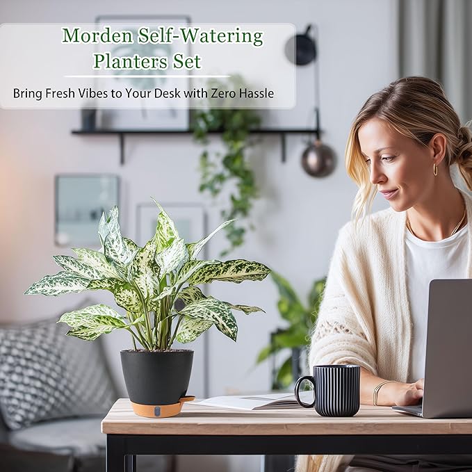 Self Watering Pots for Inoor Ourdoor Plants 10/9/8/7/6.5 Inch Plastic Planters with Drainage Holes & Water Level Indicator, Decorative House Flower Nursery Planting Pots with Saucers (Black)