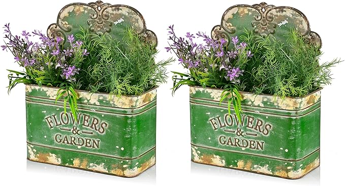 CVHOMEDECO. Farmhouse Metal Wall Planter Rustic Galvanized Flower Holder Wall Mount Flower pots for Indoor, Outdoor and Wall Decor, Set of 2 (Green)