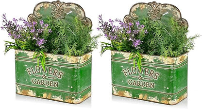 CVHOMEDECO. Farmhouse Metal Wall Planter Rustic Galvanized Flower Holder Wall Mount Flower pots for Indoor, Outdoor and Wall Decor, Set of 2 (Green)